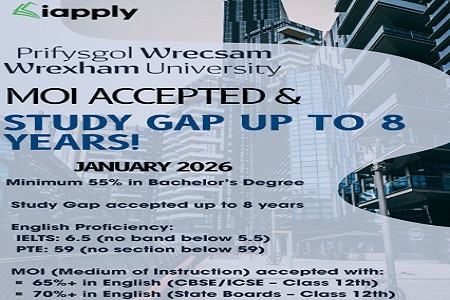 UK - MOI Accepted & Study Gap Up to 8 Years - Apply for Jan 2026 Intake at Wrexham University, Wales! 